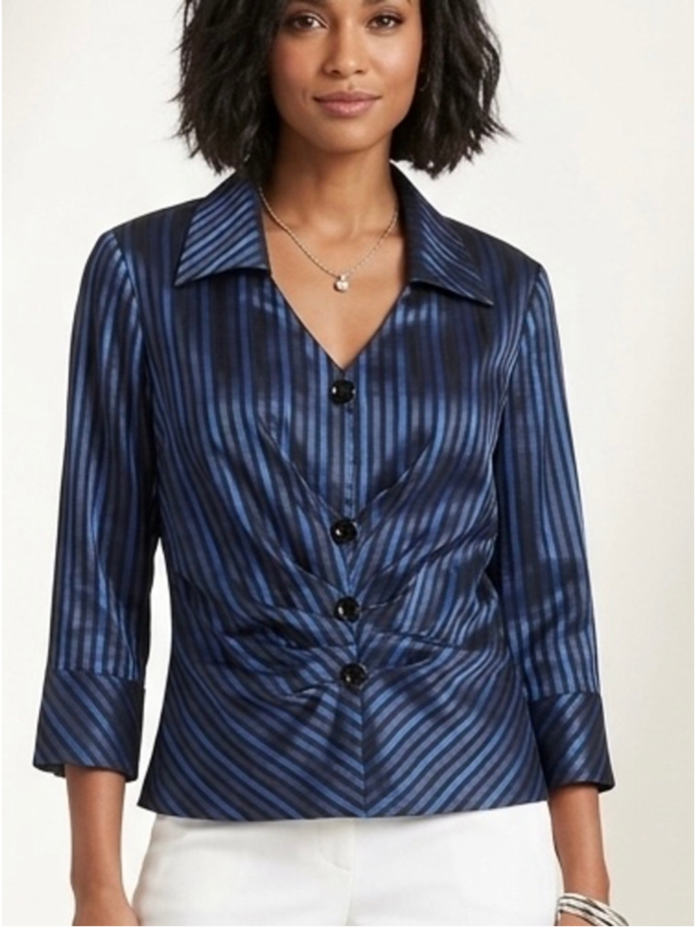 Women's Joseph Ribkoff Blouse Size 16 Blue Black Striped Button Front 2005